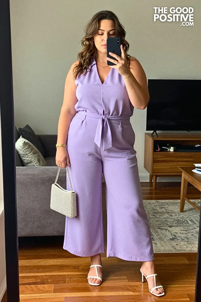 Plus Size Pastel Tie-Front Blouse and Wide-Leg Palazzo Pants Outfit