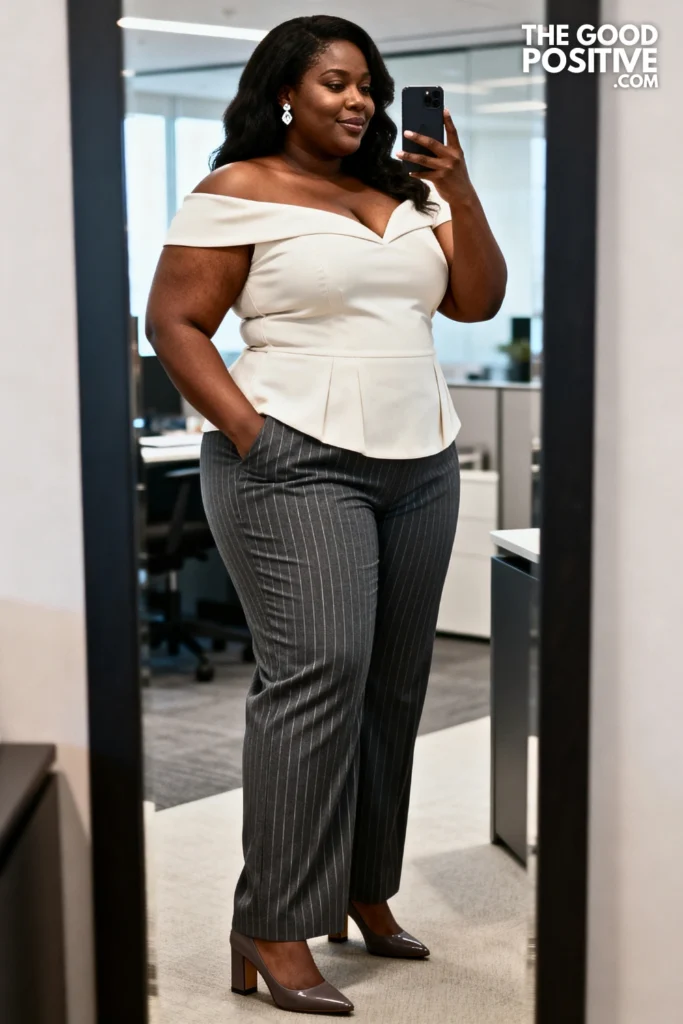 Plus Size Pinstripe Wide-Leg Trousers With Off-Shoulder Structured Top Outfit
