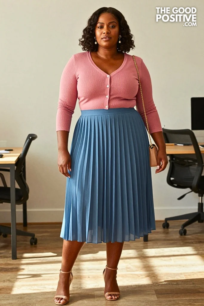 Plus Size Pleated Chiffon Midi Skirt and Fitted Cropped Cardigan Outfit