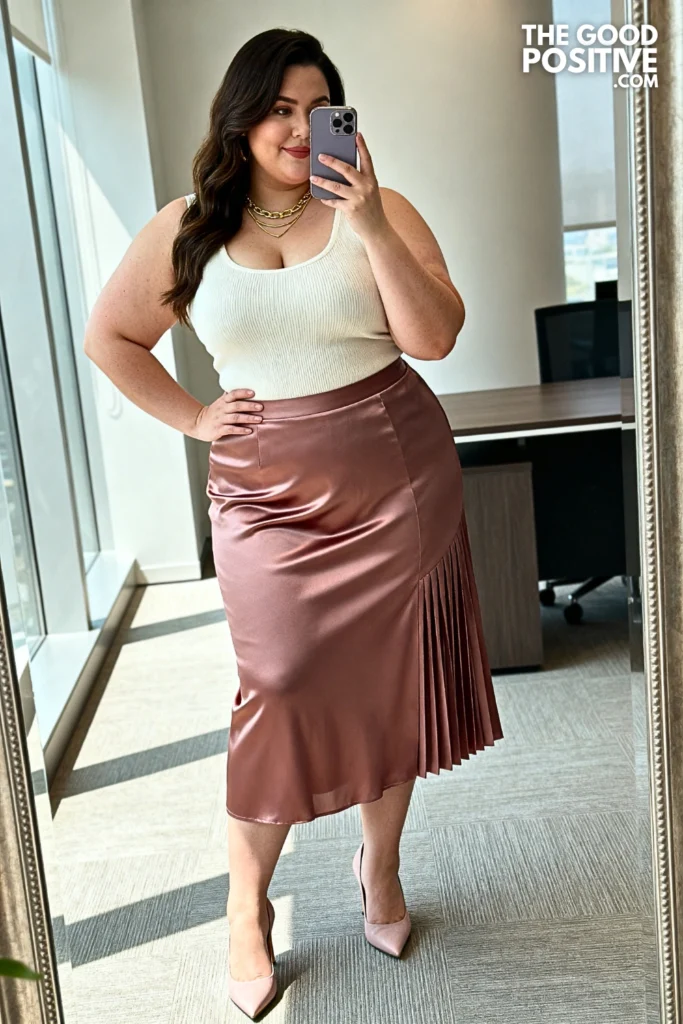 Plus Size Pleated Midi Skirt With Fitted Knit Tank Top Outfit