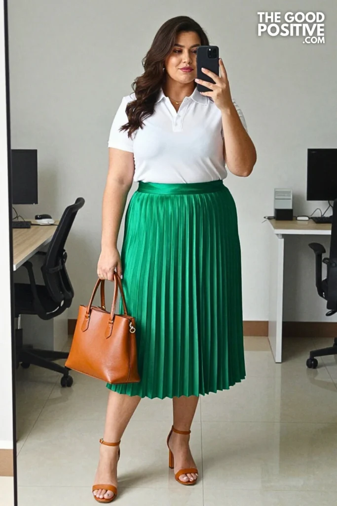 Plus Size Pleated Midi Skirt With Tucked-In Structured Polo Shirt Outfit