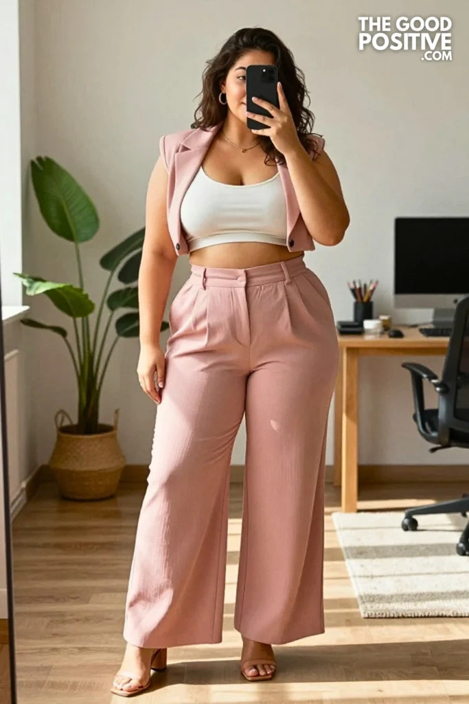 Plus Size Plisse Pleated Wide-Leg Pants and Structured Crop Blazer Outfit