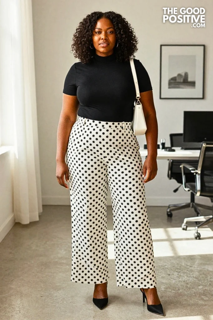 Plus Size Polka Dot Crepe Wide-Leg Trousers and Solid Fitted Turtleneck Outfit
