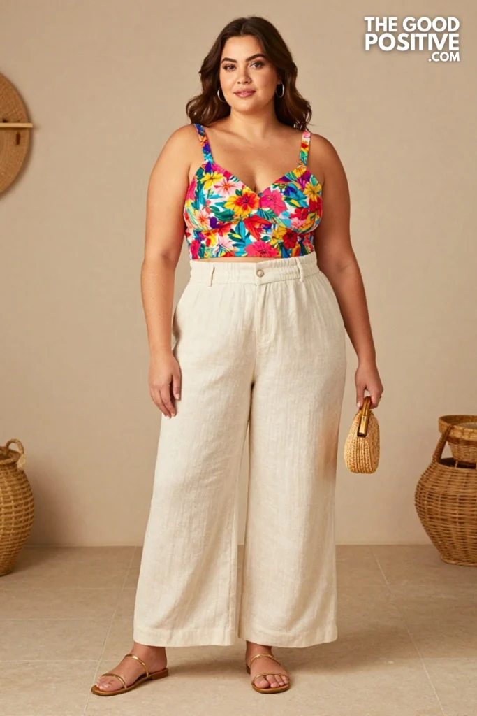 Plus Size Printed Bardot Top With Wide-Leg Linen Trousers Outfit