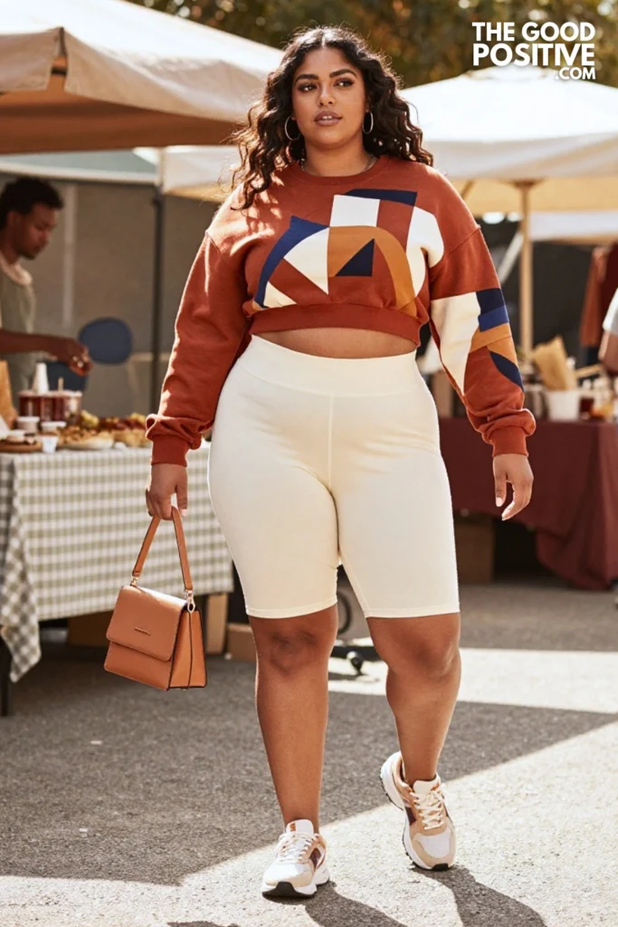 Plus Size Printed Bike Shorts & Matching Cropped Sweatshirt Outfit