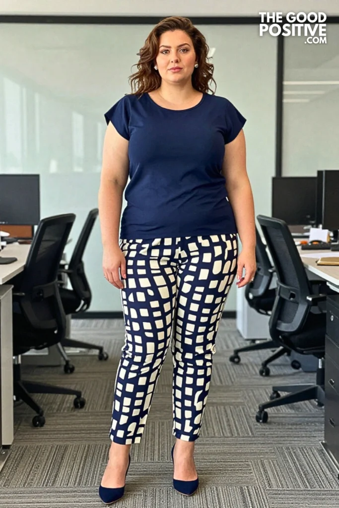 Plus Size Printed Cigarette Trousers With Fitted Cap-Sleeve Top Outfit