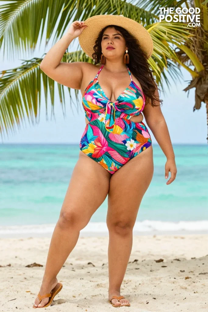 Plus Size Printed Halter Maxi Swimdress With Oversized Sun Hat Outfit