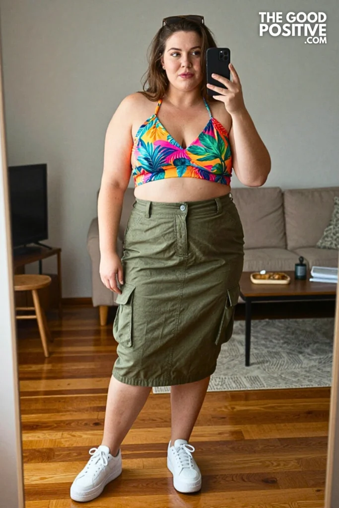Plus Size Printed Halter Neck Crop Top and Cargo Skirt Outfit