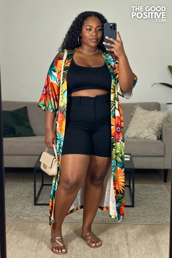 Plus Size Printed Kimono Jacket Over Monochrome Outfit