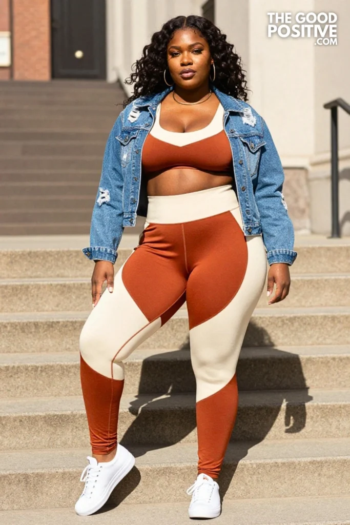 Plus Size Printed Leggings & Matching Sports Bra & Denim Jacket Outfit