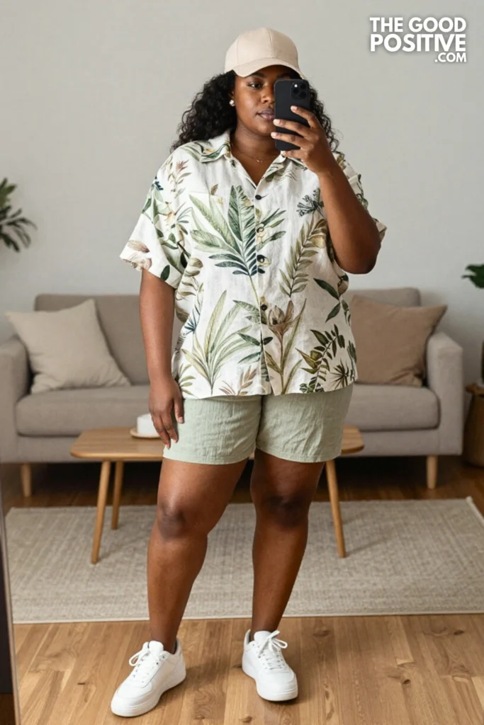 Plus Size Printed Linen Shirt With Matching Linen Bike Shorts Outfit