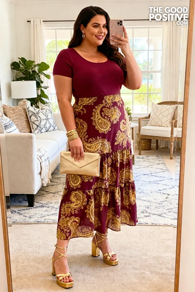 Plus Size Printed Maxi Skirt With Fitted Scoop Neck Top Outfit