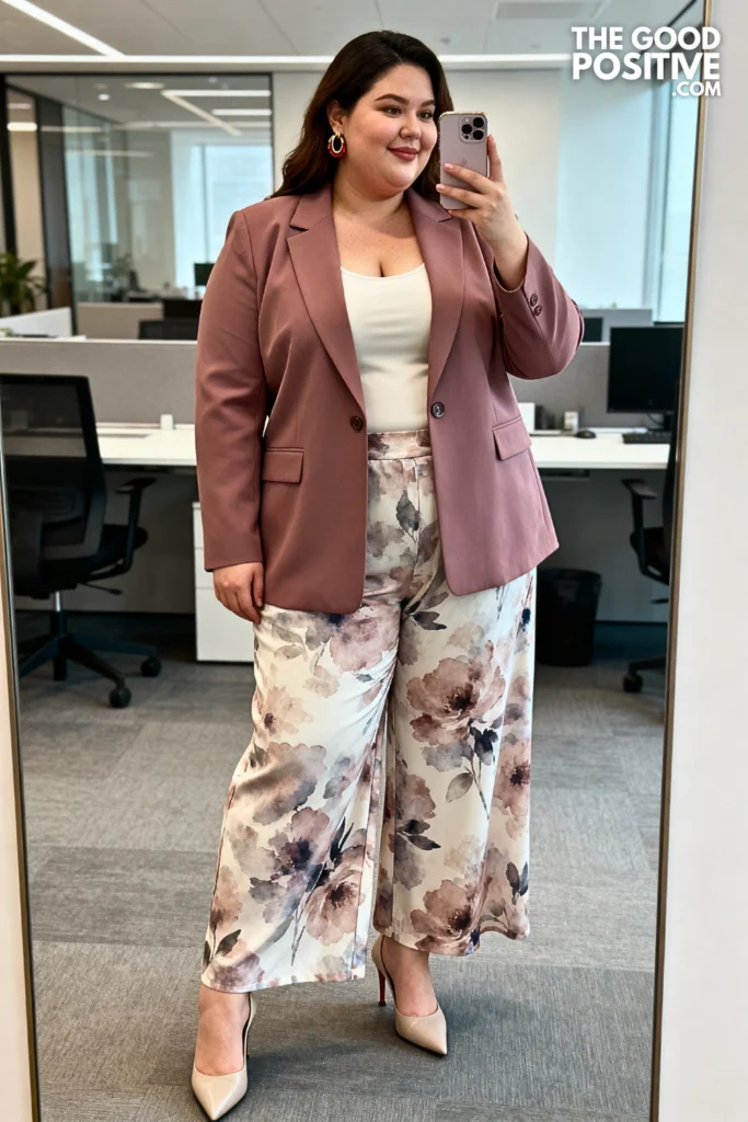 Plus Size Printed Palazzo Pants With Fitted Structured Blazer Outfit