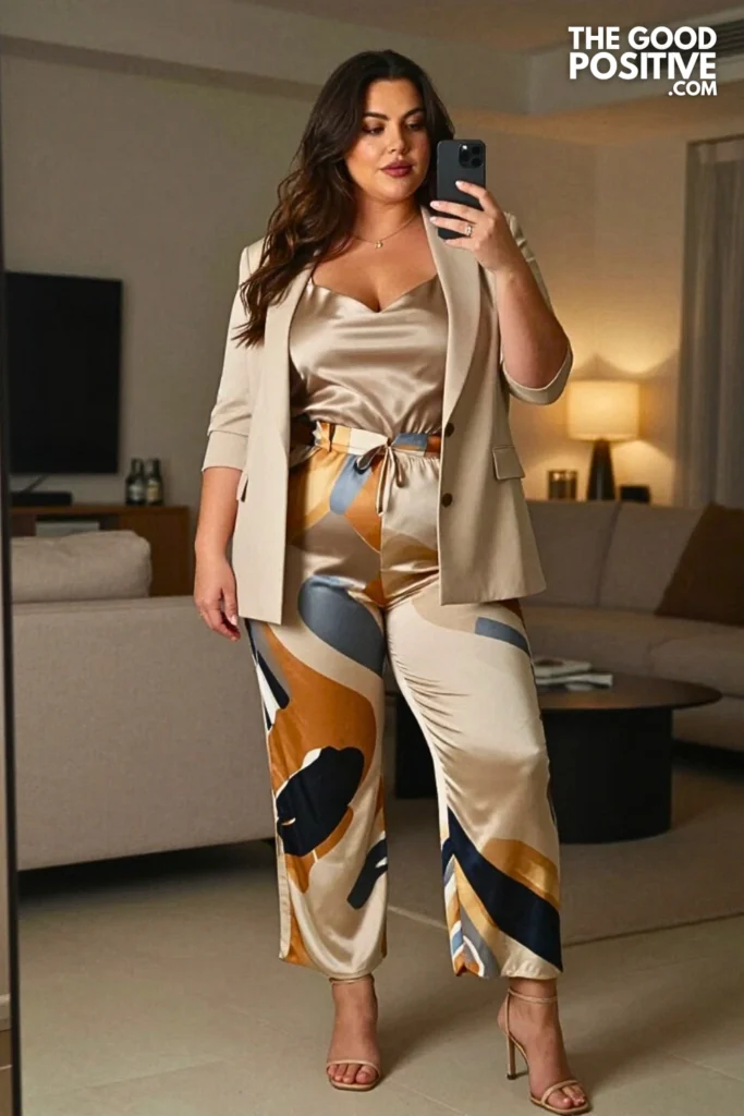Plus Size Printed Palazzo Pants With Silk Camisole And Blazer Outfit