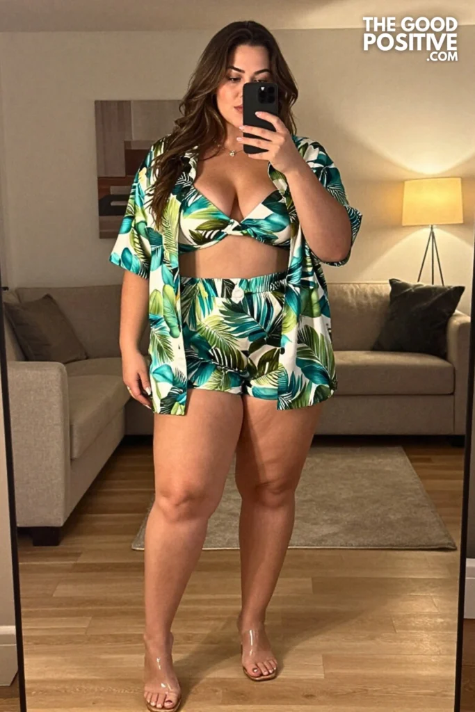 Plus Size Printed Satin Co-Ord Set With Strappy Heels Outfit