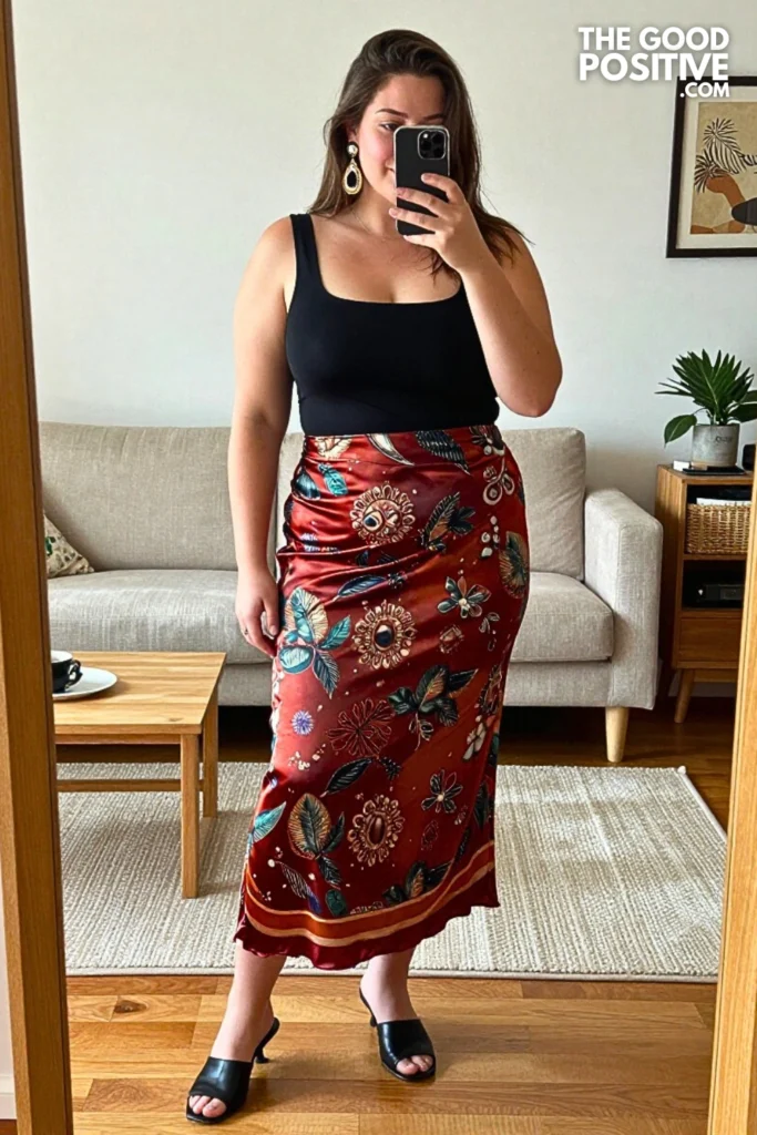 Plus Size Printed Scarf Midi Skirt With Fitted Black Square-Neck Top Outfit