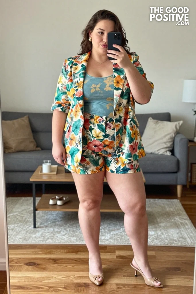 Plus Size Printed Shorts Suit With Oversized Structured Jacket Outfit