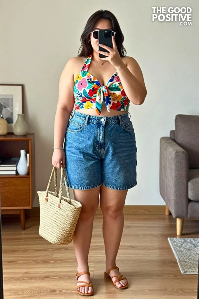 Plus Size Printed Square Scarf Top and High-Waisted Denim Bermuda Shorts Outfit