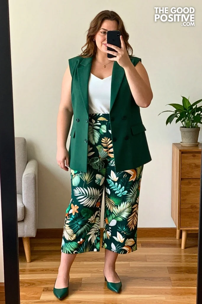Plus Size Printed Straight-Leg Culotte Pants and Fitted Blazer Outfit