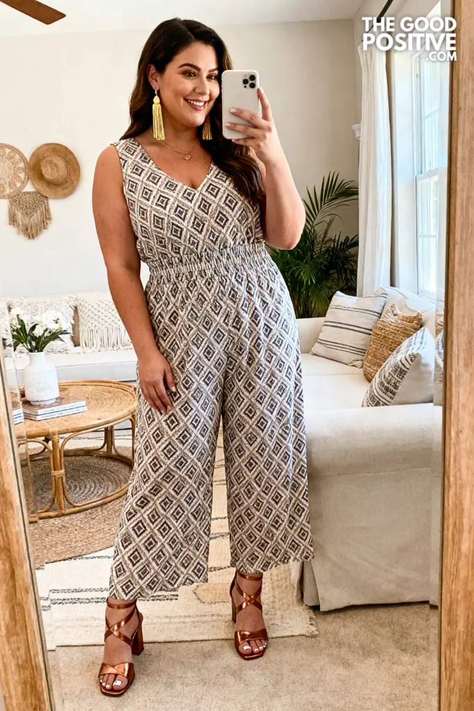 Plus Size Printed Wide-Leg Jumpsuit With Sleeveless Open-Back Design Outfit