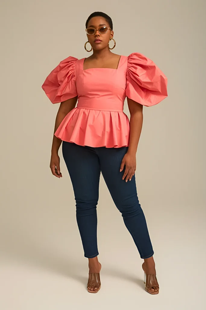 Plus Size Puff Sleeve Peplum Top Summer Outfit