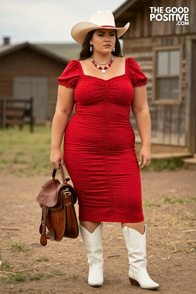 Plus Size Red Gingham Check Ruched Bodycon Midi Dress Rodeo Queen Outfit