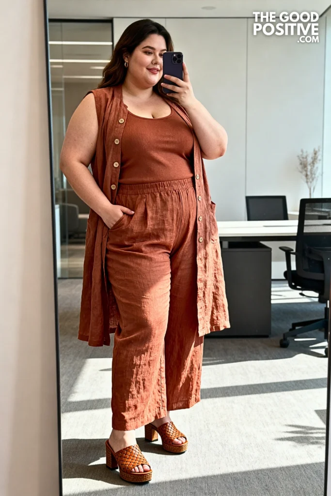 Plus Size Relaxed Linen Co-Ord Set With Longline Button-Front Vest Outfit