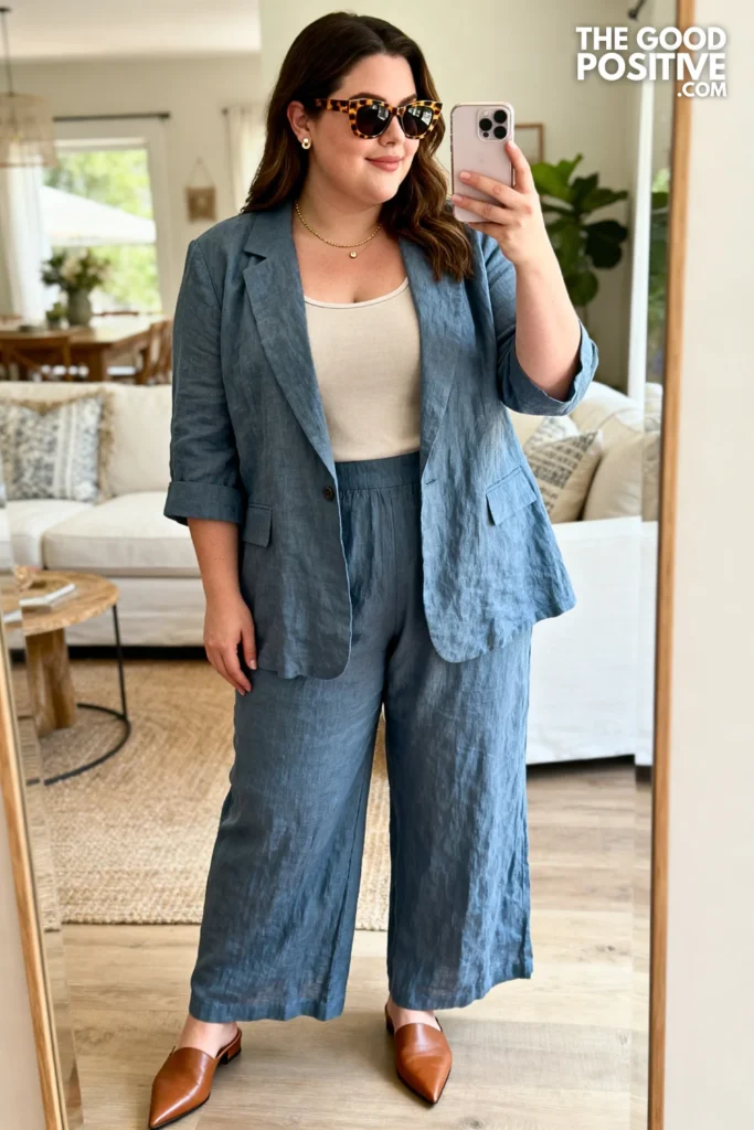 Plus Size Relaxed Linen Co-ord Set With Palazzo Pants And Boxy Blazer Outfit