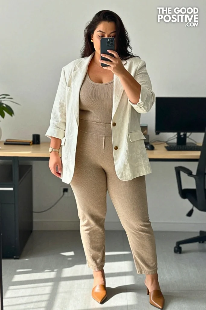 Plus Size Ribbed Knit Co-Ord Set With Oversized Linen Blazer Outfit