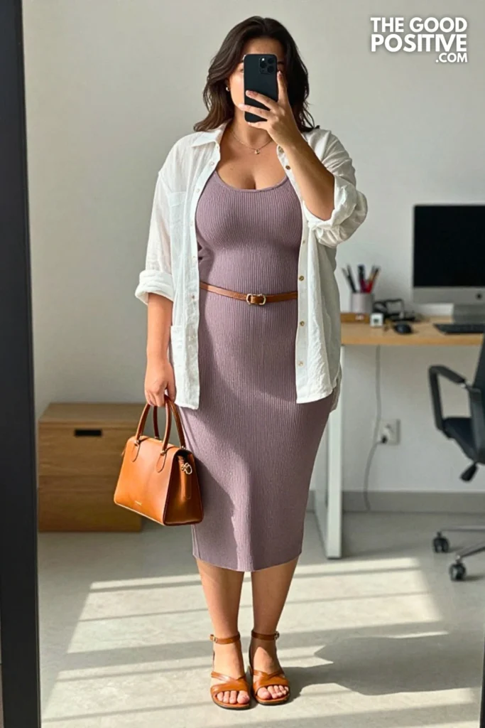Plus Size Ribbed Midi Skirt and Oversized Linen Button-Up Shirt Outfit