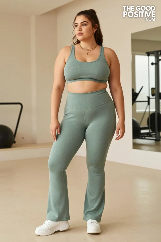 Plus Size Ribbed Sports Bra & High-Waist Flare Leggings Outfit