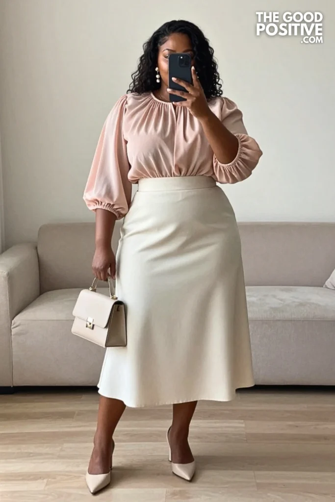 Plus Size Romantic Balloon-Sleeve Blouse With A-Line Midi Skirt Outfit