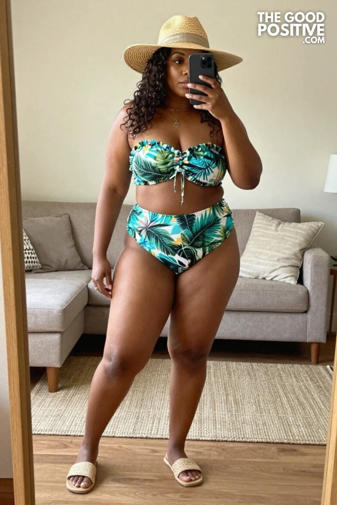 Plus Size Ruched Bandeau Bikini With High-Waist Sarong Pants Beach Outfit