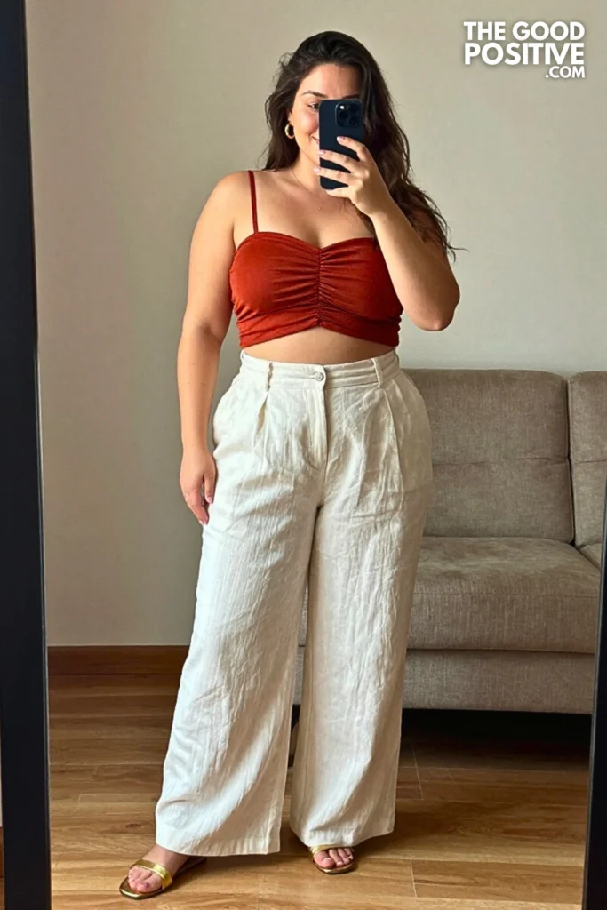Plus Size Ruched Bandeau Top and High-Waisted Linen Trousers Outfit