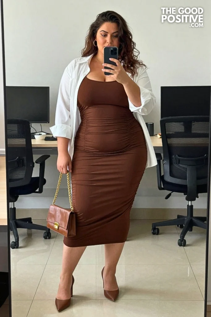 Plus Size Ruched Side Bodycon Midi Skirt With Oversized Poplin Shirt Outfit