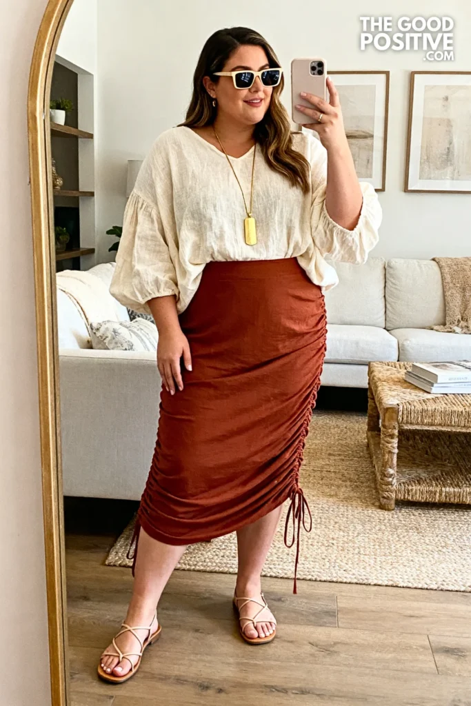 Plus Size Ruched Side-Gather Midi Skirt With Oversized Linen Blouse Outfit