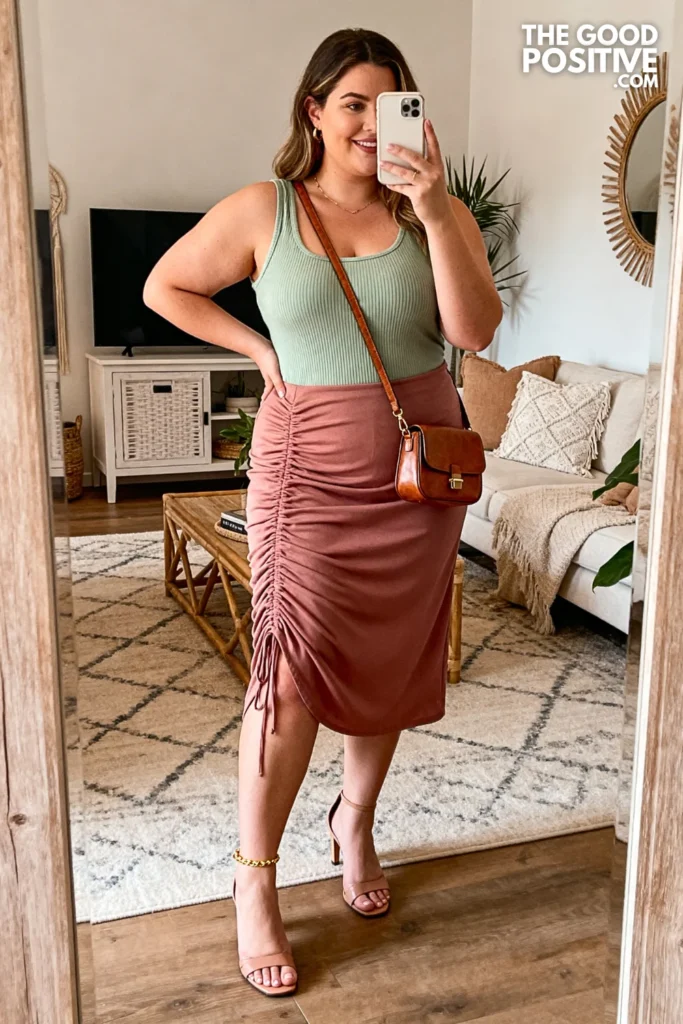 Plus Size Ruched Side Midi Skirt With Fitted Ribbed Tank Outfit