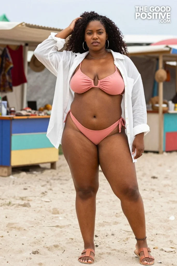 Plus Size Ruched Side-Tie Bikini With Sheer Cover-Up Shirt Outfit