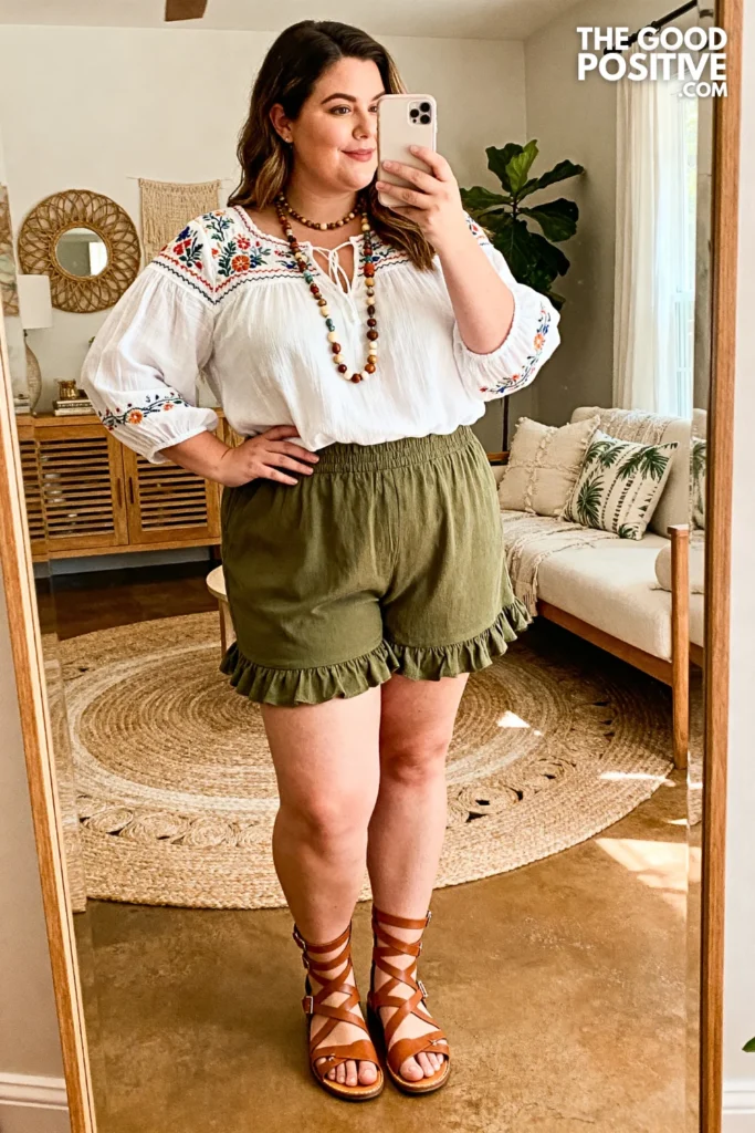 Plus Size Ruffle Hem Shorts With Embroidered Peasant Blouse Outfit