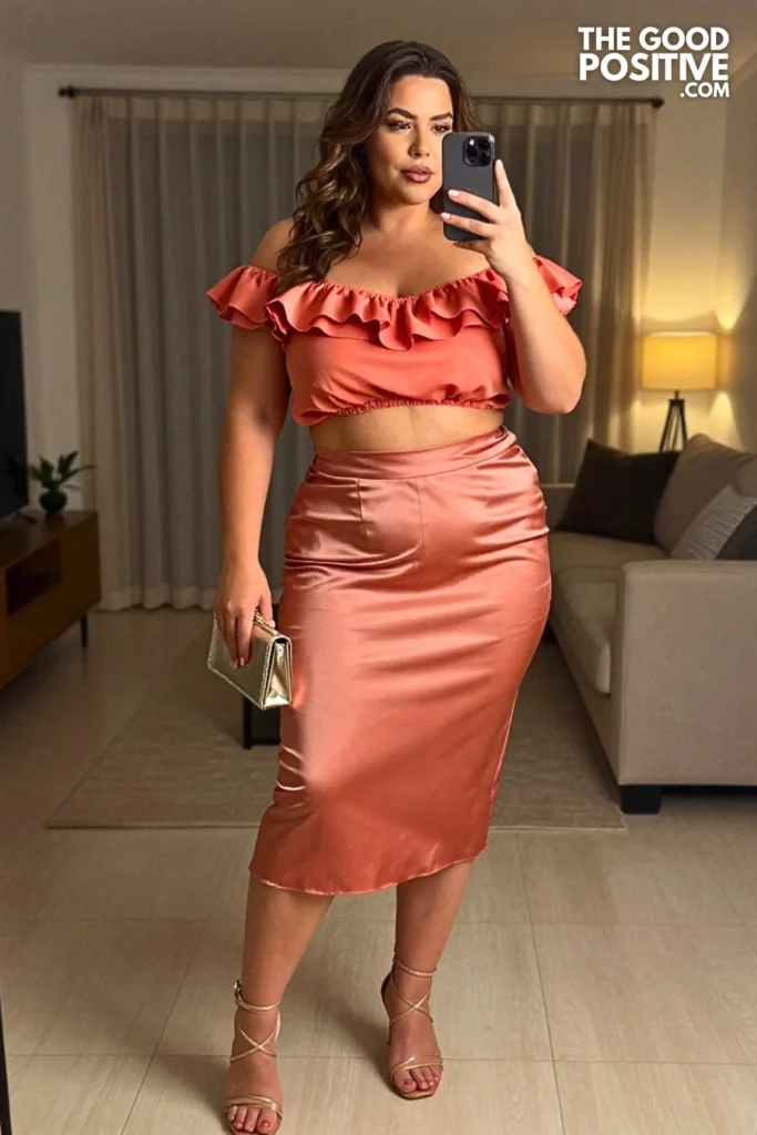 Plus Size Ruffled One-Shoulder Crop Top With Satin Midi Skirt Outfit