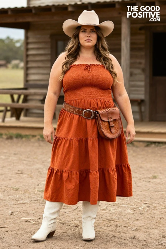 Plus Size Rust-Colored Tiered Cotton Midi Skirt & Fitted Smocked Bodice Nashville Concert Outfit