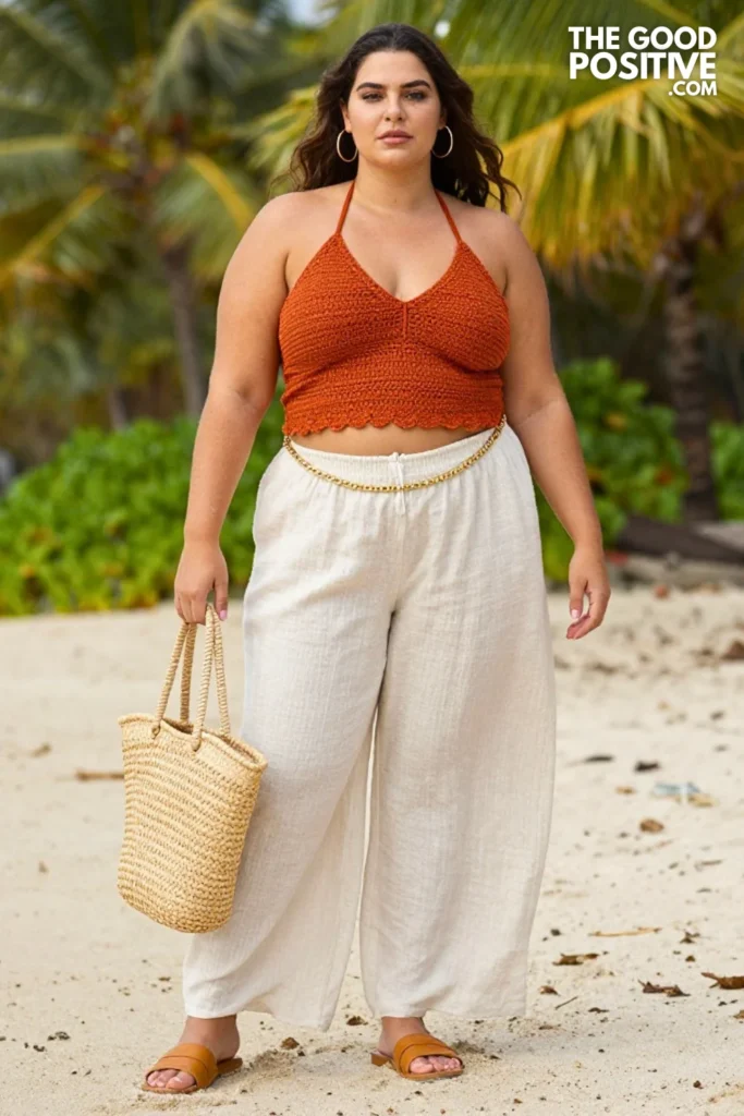 Plus Size Rust-Orange Crochet Halter Top With Wide-Leg Linen Pants Outfit