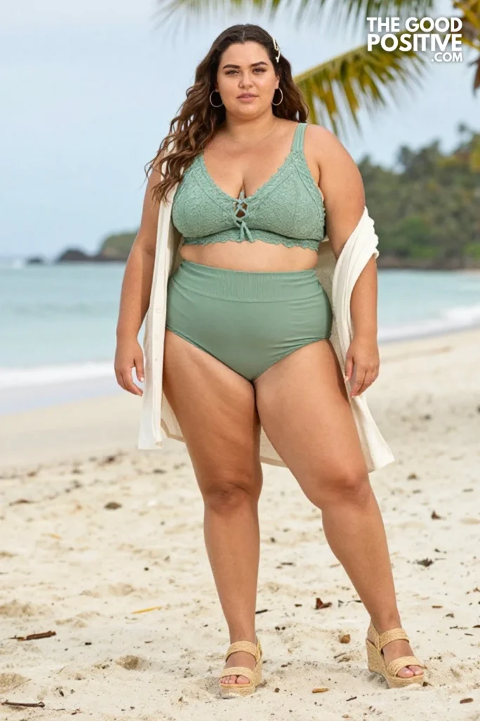 Plus Size Sage Green Lace-Up Tankini With High-Waist Swim Skirt Outfit