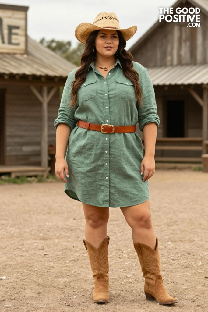 Plus Size Sage Green Linen Button-Down Shirt Dress Belted Western Casual Outfit
