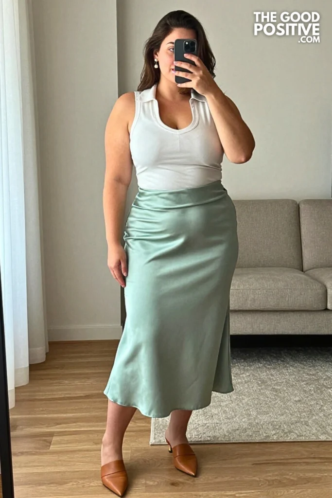 Plus Size Sage Green Satin Midi Skirt With Fitted White Polo Top Outfit