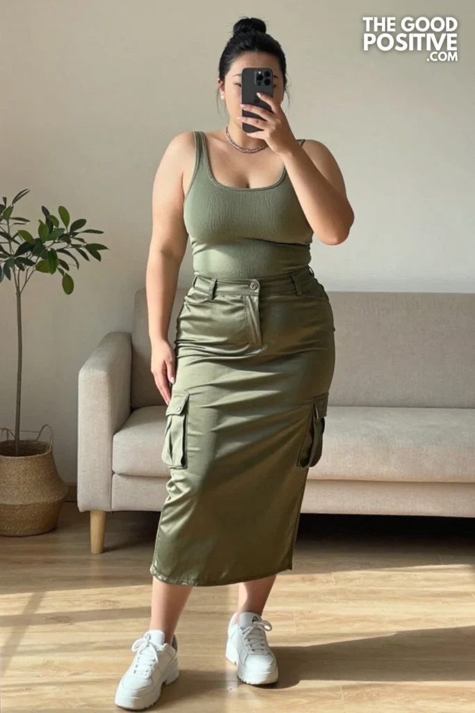 Plus Size Satin Cargo Midi Skirt With Fitted Ribbed Tank Outfit