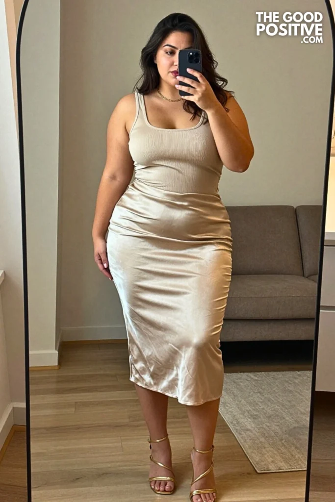 Plus Size Satin Cowl-Neck Midi Skirt With Fitted Ribbed Tank Outfit
