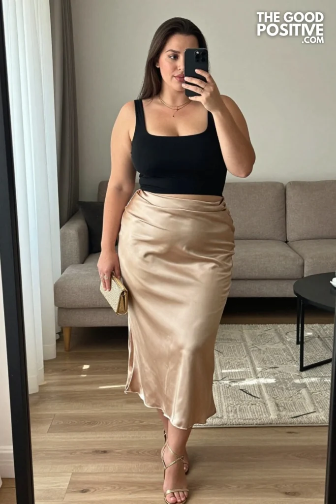 Plus Size Satin Slip Skirt With Crop Top Party Outfit