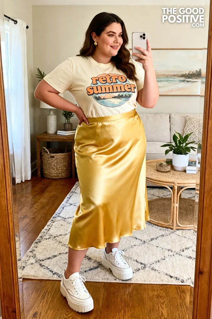 Plus Size Satin Slip Skirt With Fitted Graphic Tee Outfit