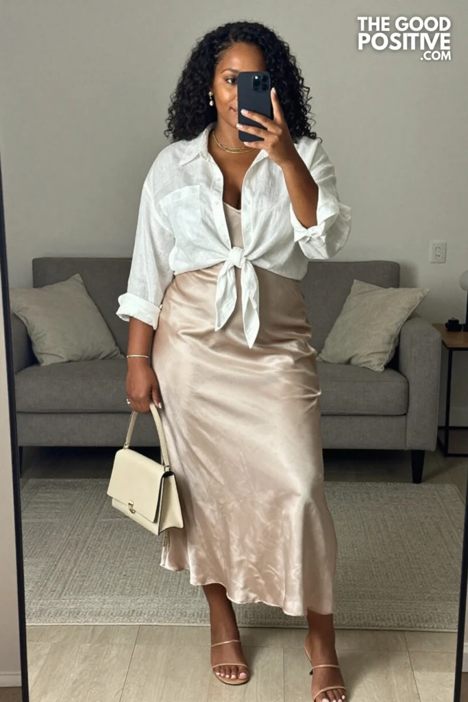 Plus Size Satin Slip Skirt With Oversized Linen Shirt Outfit